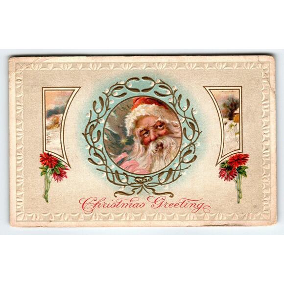Santa Claus Christmas Postcard St. Nick Embossed Wreath Flowers Moon JJ Marks NY - Picture 1 of 2